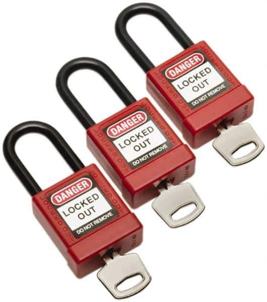 Ability One - Keyed Different Nonconductive Lockout Padlock - 1-1/2" Shackle Clearance, 1-3/8" Shackle Diam, 1-7/8" Body Height x 1-3/8" Body Width, Red - Eagle Tool & Supply