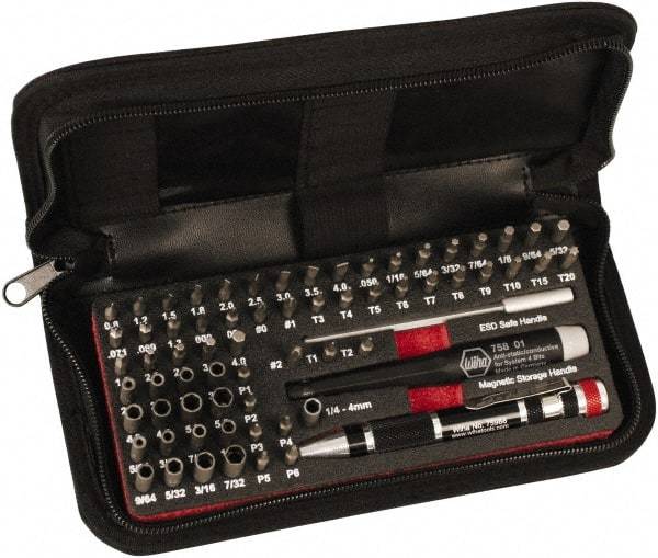 Wiha - 68 Piece, 4mm Drive Screwdriver Micro Bit Set - #000 to #2 Phillips, 0.7 to 4mm Hex, T1 to T20 Torx, 0.8, 1.2, 1.5, 1.8, 2, 2.5, 3, 3.5 & 4mm Slotted - Eagle Tool & Supply