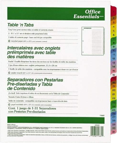 Office Essentials - 11 x 8 1/2" 1 to 31" Label, 31 Tabs, 3-Hole Punched, Preprinted Divider - Multicolor Tabs, White Folder - Eagle Tool & Supply