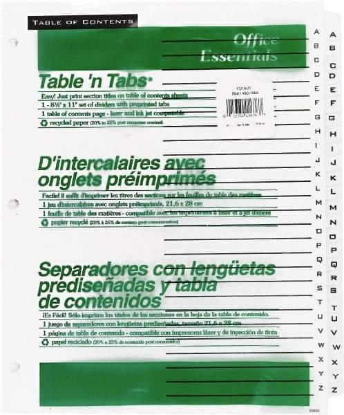 Office Essentials - 11 x 8 1/2" A to Z Label, 26 Tabs, 3-Hole Punched, Preprinted Divider - White - Eagle Tool & Supply