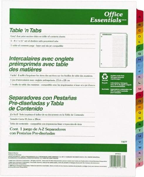 Office Essentials - 11 x 8 1/2" A to Z Label, 26 Tabs, 3-Hole Punched, Preprinted Divider - Multicolor Tabs, White Folder - Eagle Tool & Supply