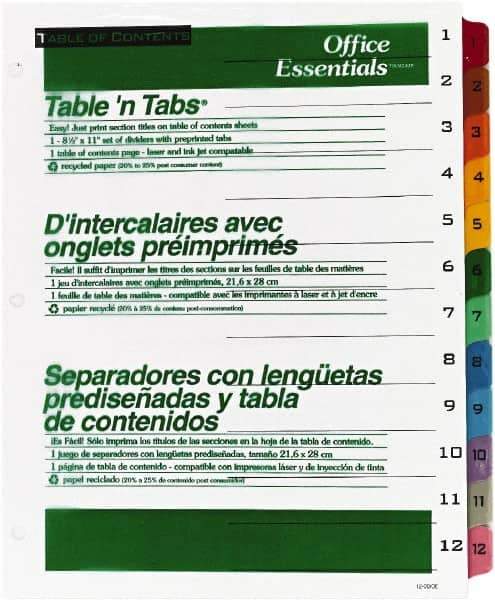Office Essentials - 11 x 8 1/2" 1 to 12" Label, 12 Tabs, 3-Hole Punched, Preprinted Divider - Multicolor Tabs, White Folder - Eagle Tool & Supply