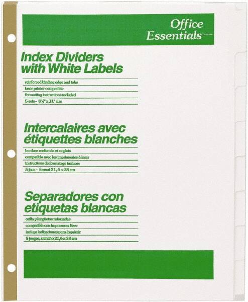 Office Essentials - 11 x 8 1/2" 1 to 8" Label, 8 Tabs, 3-Hole Punched, Customizable Divider - White - Eagle Tool & Supply