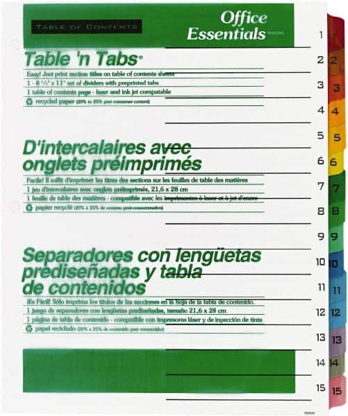 Office Essentials - 11 x 8 1/2" 1 to 15" Label, 15 Tabs, 3-Hole Punched, Preprinted Divider - Multicolor Tabs, White Folder - Eagle Tool & Supply