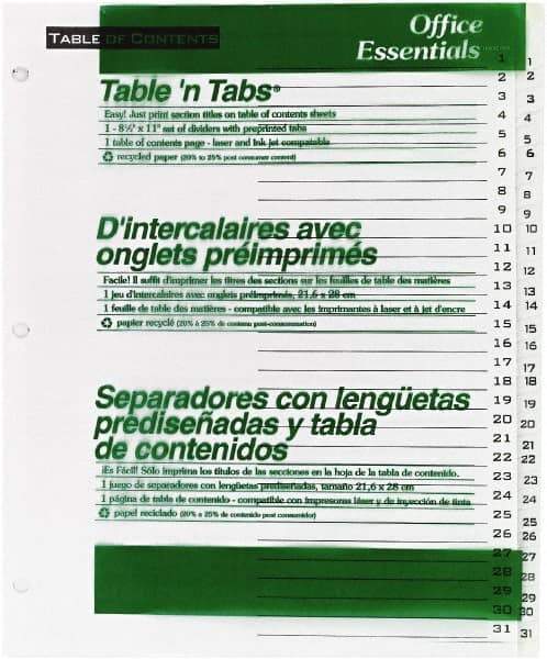 Office Essentials - 11 x 8 1/2" 1 to 31" Label, 31 Tabs, 3-Hole Punched, Preprinted Divider - White - Eagle Tool & Supply