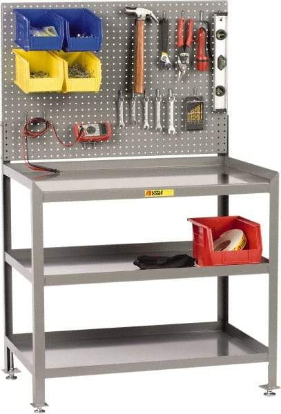 Little Giant - No Drawers, 3 Shelf Workbench with Pegboard - 2,000 Lb Capacity, Steel with Flush Front Edge Top, Gray, 24" Wide x 45" High x 36" Long - Eagle Tool & Supply