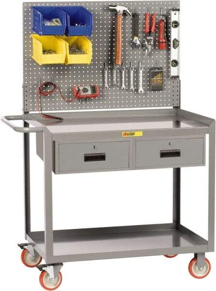 Little Giant - 1,200 Lb Capacity, 2 Shelf, 2 Drawer Mobile Workbench with Pegboard Panel - 48" Wide x 24" Deep x 60" High, Steel - Eagle Tool & Supply