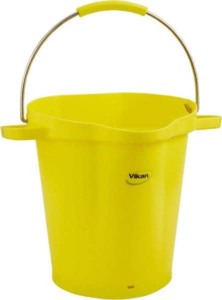 Vikan - 5 Gal, 18" High, Polypropylene Round Yellow Single Pail with Pour Spout - Handle Included, 15.4mm Top Length x 18.9" Top Width x 18.9" Top Diam - Eagle Tool & Supply