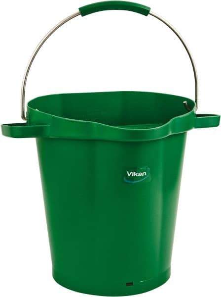 Vikan - 5 Gal, 18" High, Polypropylene Round Green Single Pail with Pour Spout - Handle Included, 15.4mm Top Length x 18.9" Top Width x 18.9" Top Diam - Eagle Tool & Supply