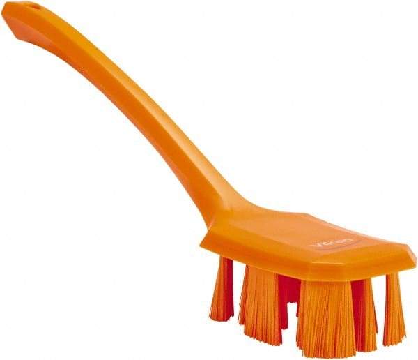 Vikan - 2-3/4" Bristle Length, Polyester Scrub Brush - 12" Long x 2-7/8" Wide Head, 15-1/2" OAL, Long Handle, Orange, Polypropylene Block - Eagle Tool & Supply