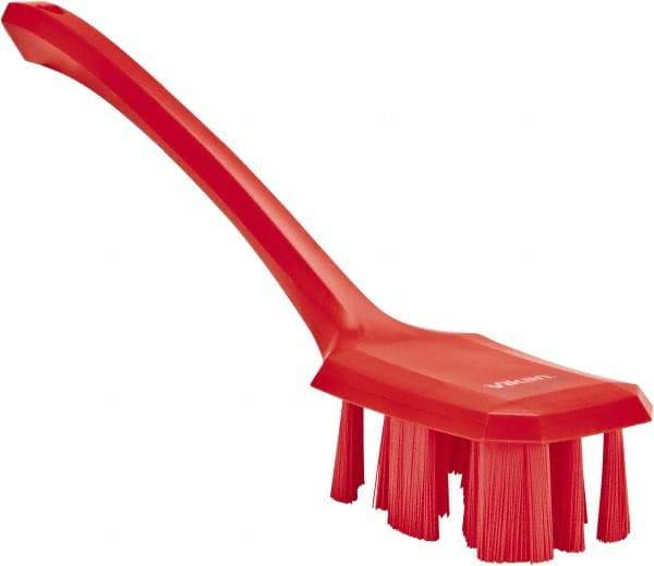 Vikan - 2-3/4" Bristle Length, Polyester Scrub Brush - 12" Long x 2-7/8" Wide Head, 15-1/2" OAL, Long Handle, Red, Polypropylene Block - Eagle Tool & Supply