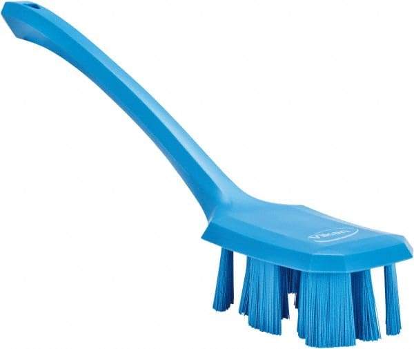 Vikan - 2-3/4" Bristle Length, Polyester Scrub Brush - 12" Long x 2-7/8" Wide Head, 15-1/2" OAL, Long Handle, Blue, Polypropylene Block - Eagle Tool & Supply