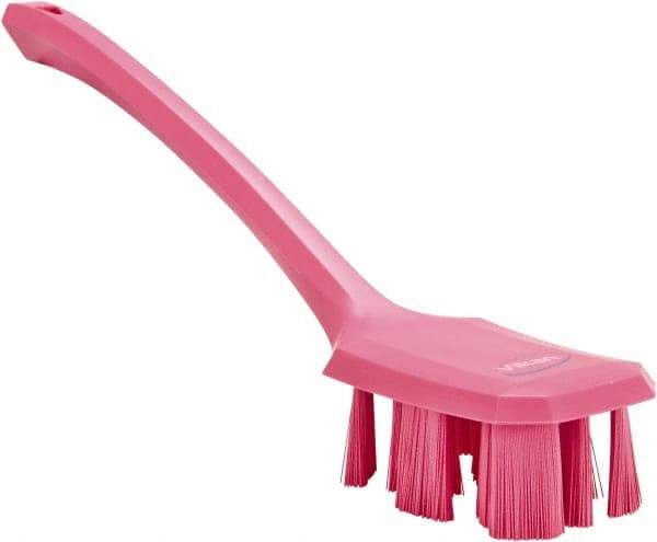 Vikan - 2-3/4" Bristle Length, Polyester Scrub Brush - 12" Long x 2-7/8" Wide Head, 15-1/2" OAL, Long Handle, Pink, Polypropylene Block - Eagle Tool & Supply