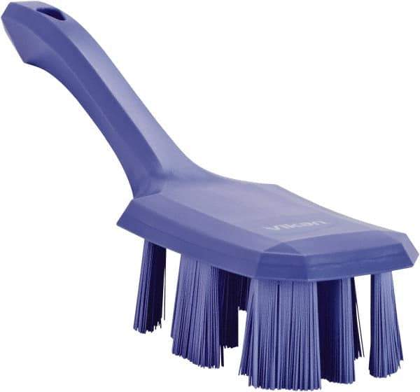 Vikan - 2-3/4" Bristle Length, Polyester Scrub Brush - 8" Long x 2-7/8" Wide Head, 10" OAL, Short Handle, Purple, Polypropylene Block - Eagle Tool & Supply