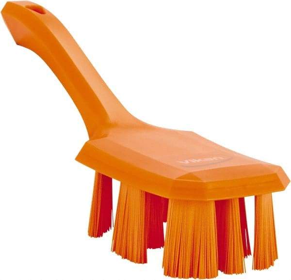 Vikan - 2-3/4" Bristle Length, Polyester Scrub Brush - 8" Long x 2-7/8" Wide Head, 10" OAL, Short Handle, Orange, Polypropylene Block - Eagle Tool & Supply