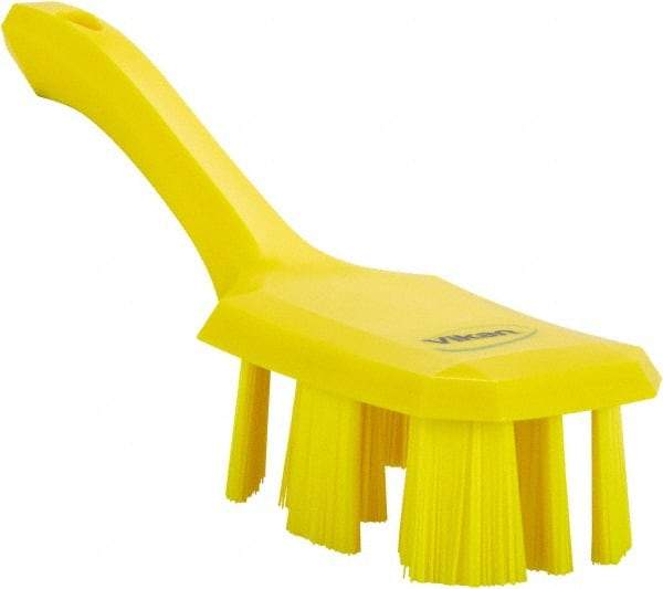 Vikan - 2-3/4" Bristle Length, Polyester Scrub Brush - 8" Long x 2-7/8" Wide Head, 10" OAL, Short Handle, Yellow, Polypropylene Block - Eagle Tool & Supply