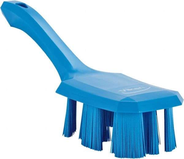 Vikan - 2-3/4" Bristle Length, Polyester Scrub Brush - 8" Long x 2-7/8" Wide Head, 10" OAL, Short Handle, Blue, Polypropylene Block - Eagle Tool & Supply