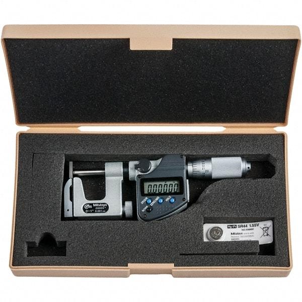 Mitutoyo - 0 to 1" Range, 0.00005" Resolution, Interchangeable Anvil Type Throat IP65 Electronic Outside Micrometer - 0.0002" Accuracy, Friction Thimble, Carbide-Tipped Face, SR44 Battery - Eagle Tool & Supply