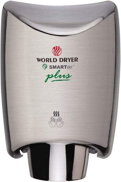 World Dryer - 1200 Watt Silver Finish Electric Hand Dryer - 100/120 Volts, 10 Amps, 9.3" Wide x 12-1/2" High x 7.6" Deep - Eagle Tool & Supply