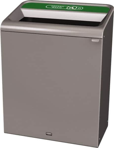 Rubbermaid - 45 Gal Gray Rectangle Decorative Indoor Single Stream Waste Receptacle - Metal, Organic Waste Graphic, 37.965" High x 29.132" Long x 19-1/2" Wide, Lid Included - Eagle Tool & Supply