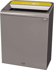 Rubbermaid - 45 Gal Gray Rectangle Decorative Indoor Single Stream Waste Receptacle - Metal, Cans Graphic, 37.965" High x 29.132" Long x 19-1/2" Wide, Lid Included - Eagle Tool & Supply