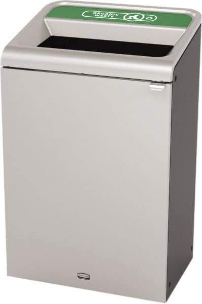 Rubbermaid - 33 Gal Gray Rectangle Decorative Indoor Single Stream Waste Receptacle - Metal, Organic Waste Graphic, 37.965" High x 24.051" Long x 19-1/2" Wide, Lid Included - Eagle Tool & Supply