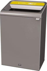 Rubbermaid - 33 Gal Gray Rectangle Decorative Indoor Single Stream Waste Receptacle - Metal, Cans Graphic, 37.965" High x 24.051" Long x 19-1/2" Wide, Lid Included - Eagle Tool & Supply