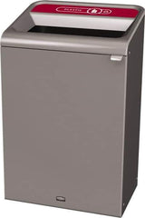 Rubbermaid - 33 Gal Gray Rectangle Decorative Indoor Single Stream Waste Receptacle - Metal, Plastic Graphic, 37.965" High x 24.051" Long x 19-1/2" Wide, Lid Included - Eagle Tool & Supply