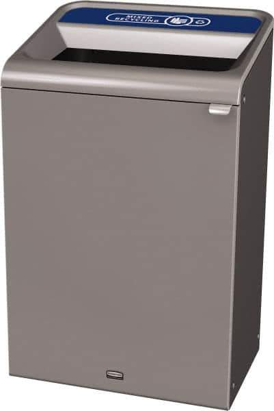 Rubbermaid - 33 Gal Gray Rectangle Decorative Indoor Single Stream Waste Receptacle - Metal, Mixed Recycling Graphic, 37.965" High x 24.051" Long x 19-1/2" Wide, Lid Included - Eagle Tool & Supply