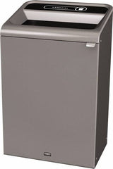 Rubbermaid - 33 Gal Gray Rectangle Decorative Indoor Single Stream Waste Receptacle - Metal, Landfill Graphic, 37.965" High x 24.051" Long x 19-1/2" Wide, Lid Included - Eagle Tool & Supply