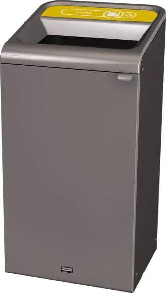 Rubbermaid - 23 Gal Gray Rectangle Decorative Indoor Single Stream Waste Receptacle - Metal, Cans Graphic, 37.965" High x 19.588" Long x 19-1/2" Wide, Lid Included - Eagle Tool & Supply