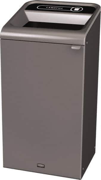 Rubbermaid - 23 Gal Gray Rectangle Decorative Indoor Single Stream Waste Receptacle - Metal, Landfill Graphic, 37.965" High x 19.588" Long x 19-1/2" Wide, Lid Included - Eagle Tool & Supply