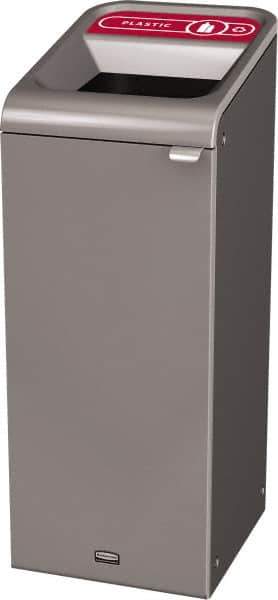 Rubbermaid - 15 Gal Gray Rectangle Decorative Indoor Single Stream Waste Receptacle - Metal, Plastic Graphic, 37.965" High x 14.784" Long x 19-1/2" Wide, Lid Included - Eagle Tool & Supply