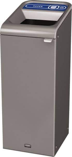 Rubbermaid - 15 Gal Gray Rectangle Decorative Indoor Single Stream Waste Receptacle - Metal, Paper Graphic, 37.965" High x 14.784" Long x 19-1/2" Wide, Lid Included - Eagle Tool & Supply