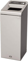 Rubbermaid - 15 Gal Gray Rectangle Decorative Indoor Single Stream Waste Receptacle - Metal, Landfill Graphic, 37.965" High x 14.784" Long x 19-1/2" Wide, Lid Included - Eagle Tool & Supply