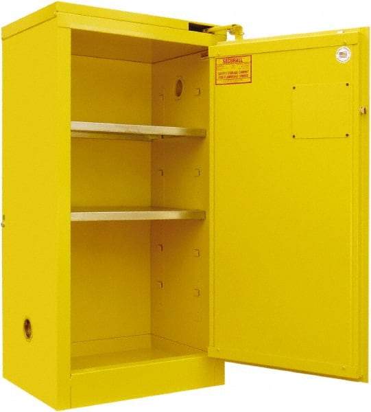 Securall Cabinets - 2 Door, 2 Shelf, Yellow Steel Standard Safety Cabinet for Flammable and Combustible Liquids - 46" High x 24" Wide x 18" Deep, Self Closing Door, 3 Point Key Lock, 20 Gal Capacity - Eagle Tool & Supply