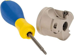 Iscar - 5 Inserts, 1-1/2" Cut Diam, 1/2" Arbor Diam, 0.315" Max Depth of Cut, Indexable Square-Shoulder Face Mill - 0/90° Lead Angle, 1.37" High, HM390 TPKT 1003 Insert Compatibility, Through Coolant, Series HeliIQMill - Eagle Tool & Supply