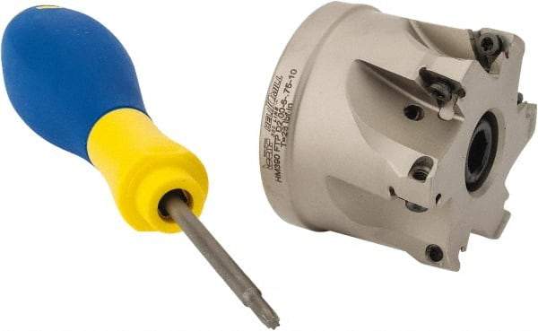 Iscar - 6 Inserts, 2" Cut Diam, 3/4" Arbor Diam, 0.315" Max Depth of Cut, Indexable Square-Shoulder Face Mill - 0/90° Lead Angle, 1.57" High, HM390 TPKT 1003 Insert Compatibility, Through Coolant, Series HeliIQMill - Eagle Tool & Supply