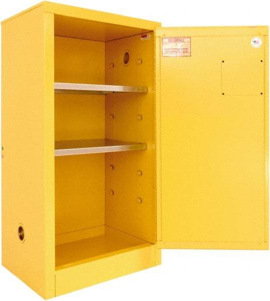 Securall Cabinets - 1 Door, 2 Shelf, Yellow Steel Standard Safety Cabinet for Flammable and Combustible Liquids - 44" High x 24" Wide x 18" Deep, Manual Closing Door, 3 Point Key Lock, 20 Gal Capacity - Eagle Tool & Supply