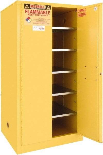 Securall Cabinets - 2 Door, 5 Shelf, Yellow Steel Standard Safety Cabinet for Flammable and Combustible Liquids - 65" High x 31" Wide x 31" Deep, Manual Closing Door, 3 Point Key Lock, 120 Gal Capacity - Eagle Tool & Supply