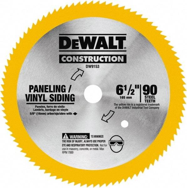 DeWALT - 6-1/2" Diam, 5/8" Arbor Hole Diam, 90 Tooth Wet & Dry Cut Saw Blade - Tungsten Carbide-Tipped, Fast Cutting Action, Diamond Arbor - Eagle Tool & Supply