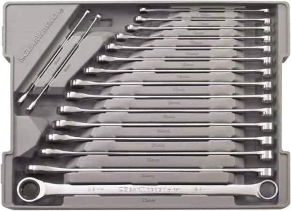 GearWrench - 17 Piece, 8mm to 25mm, 12 Point Combination Wrench Set - Metric Measurement Standard, Chrome Finish, Comes in Plastic Tray - Eagle Tool & Supply