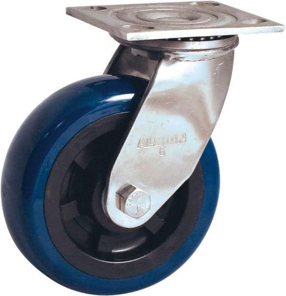 Albion - 5" Diam x 2" Wide x 6-1/2" OAH Top Plate Mount Swivel Caster - Polyurethane Mold on Polypropylene, 600 Lb Capacity, Delrin Bearing, 4 x 4-1/2" Plate - Eagle Tool & Supply