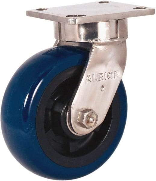 Albion - 6" Diam x 2" Wide x 7-1/2" OAH Top Plate Mount Swivel Caster - Polyurethane Mold on Polypropylene, 1,100 Lb Capacity, Stainless Steel Roller Bearing, 4 x 4-1/2" Plate - Eagle Tool & Supply