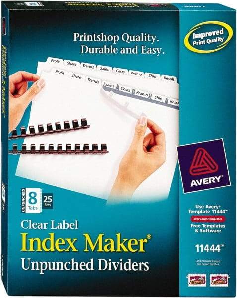 AVERY - 11 x 8-1/2" 8 Tabs, Unpunched Clear Plastic Reinforced, Tab Divider - Clear Tabs, White Folder - Eagle Tool & Supply