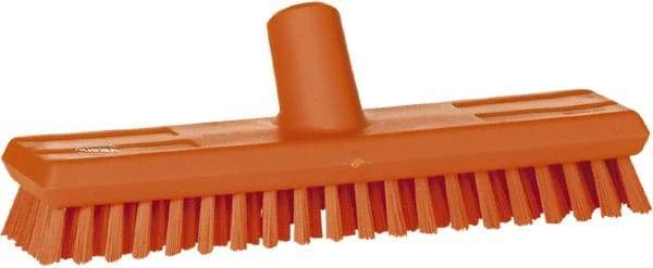 Vikan - 1" Bristle Length, Polyester Scrub Brush - 10-5/8" Long x 2-1/2" Wide Head, 11" OAL, European Threaded Handle, Orange, Polypropylene Block - Eagle Tool & Supply