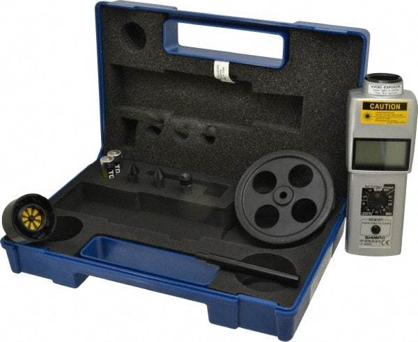 SHIMPO - Accurate up to 0.006 +/- 1% Digit (6 RPM Max) (25,000 to 99,999 RPM), 1 RPM Resolution, Contact and Noncontact Tachometer - 6.5945 Inch Long x 2.3622 Inch Wide x 1.811 Inch Meter Thick, 6 to 99,999 RPM Measurement - Eagle Tool & Supply