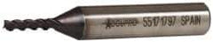 Accupro - 1/8", 3/8" LOC, 3/8" Shank Diam, 2-5/16" OAL, 3 Flute, Powdered Metal Square End Mill - Single End, TiAlN Finish, Spiral Flute, 45° Helix, Centercutting, Right Hand Cut, Right Hand Flute - Eagle Tool & Supply