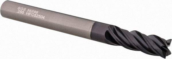 SGS - 1/4", 3/4" LOC, 1/4" Shank Diam, 2-1/2" OAL, 4 Flute, Solid Carbide Square End Mill - Single End, AlTiN Finish, Spiral Flute, Variable° Helix, Centercutting, Right Hand Cut, Right Hand Flute, Series Z1 - Eagle Tool & Supply