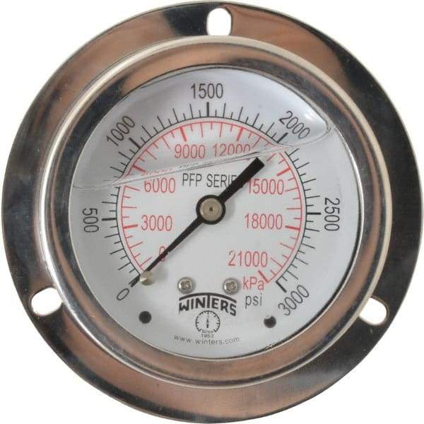 Winters - 2-1/2" Dial, 1/4 Thread, 0-3,000 Scale Range, Pressure Gauge - Front Flange Panel Mount, Center Back Connection Mount, Accurate to 1.6% of Scale - Eagle Tool & Supply